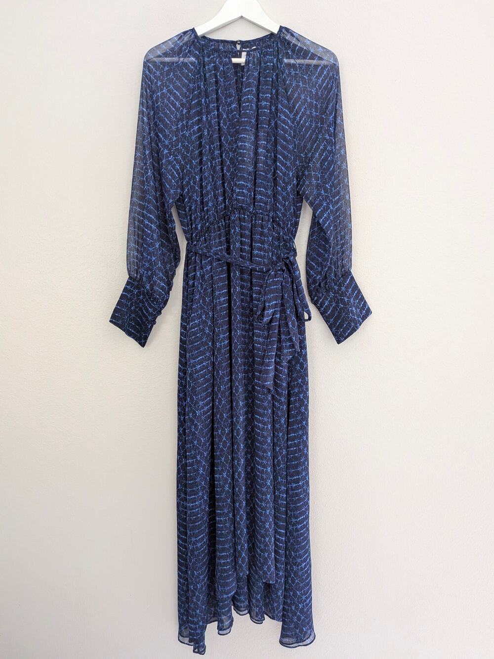 New MISA Paloma Dress Midnight Shibori Black Blue Chiffon Maxi Medium M